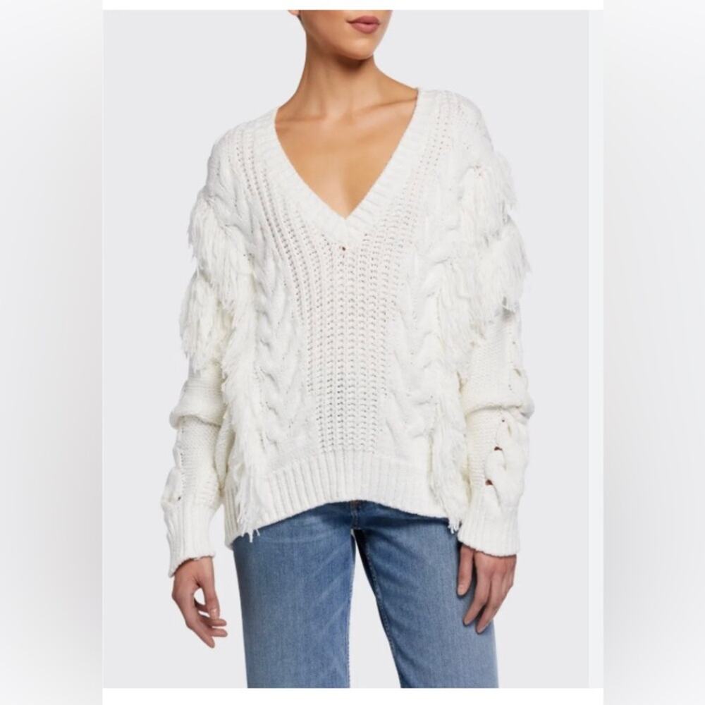 IRO Wynd white cable-knit v neck sweater tiers of fringe cotton blend S boho